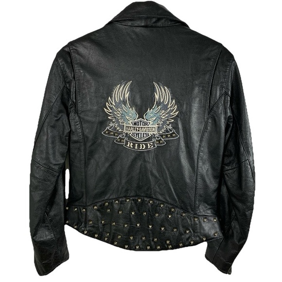 Harley‎ Davidson Leather Motorcycle Jacket Black Studded Women Sz M Blue Wings